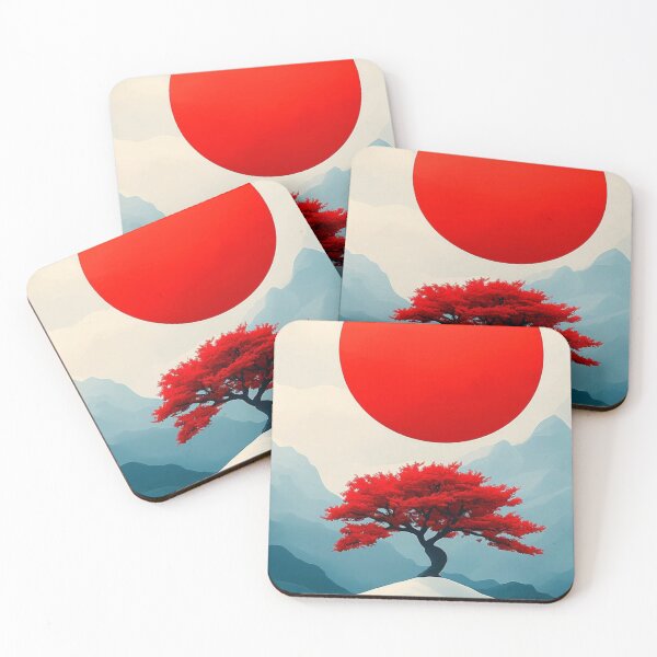 Item preview, Japanese Red Bonsai Tree and Sun Landscape — Minimalist Oriental Art designed and sold by LYAN-STORE.