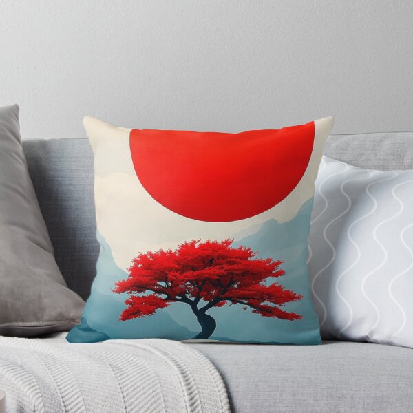 Item preview, Japanese Red Bonsai Tree and Sun Landscape — Minimalist Oriental Art designed and sold by LYAN-STORE.