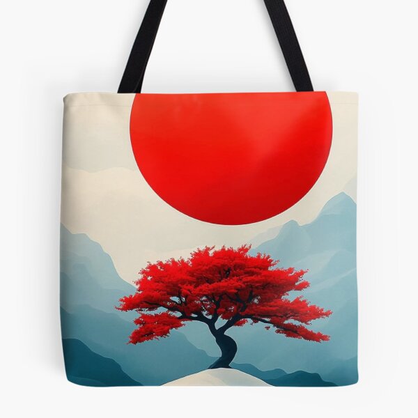 Item preview, Japanese Red Bonsai Tree and Sun Landscape — Minimalist Oriental Art designed and sold by LYAN-STORE.