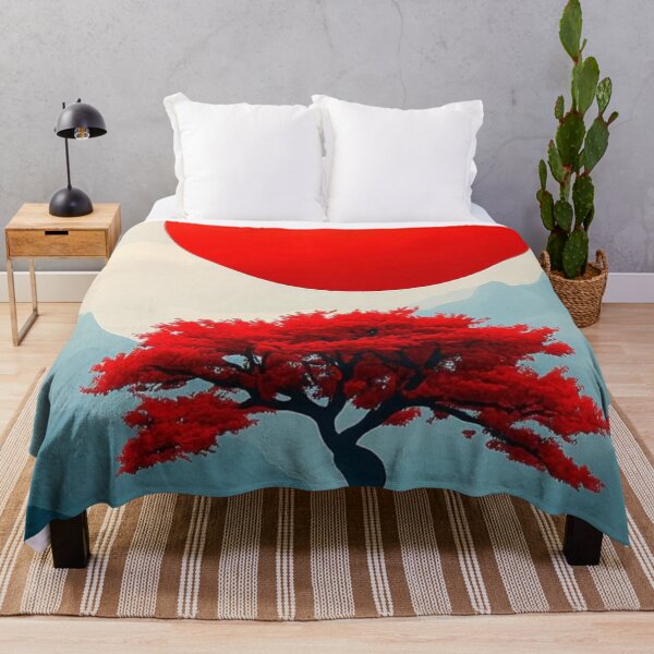 Item preview, Japanese Red Bonsai Tree and Sun Landscape — Minimalist Oriental Art designed and sold by LYAN-STORE.