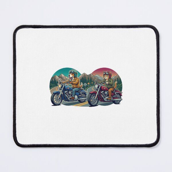 Item preview, Biker Buddies on the Mountain Road – Retro Dog and Cat Illustration designed and sold by FootprintofLove.