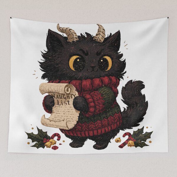 Artikelvorschau, Gehörnte schwarze Katze – Liste der unartigen Kinder – Weihnachtsfolklore entworfen und verkauft von Anastasiia Yurevych.