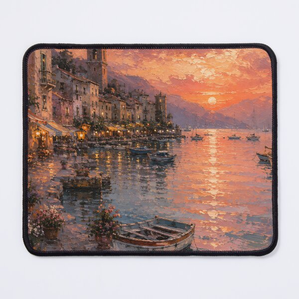 Item preview, Italian Harbor Sunset Oil Painting Warm Dusk Glow designed and sold by Jozefin's Studio.