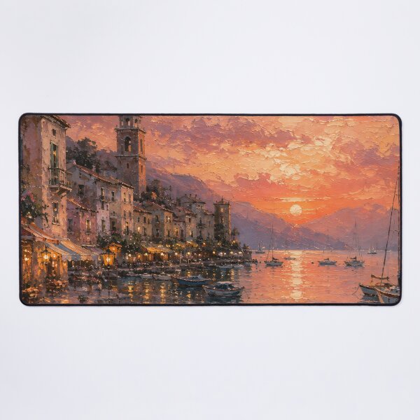 Item preview, Italian Harbor Sunset Oil Painting Warm Dusk Glow designed and sold by Jozefin's Studio.