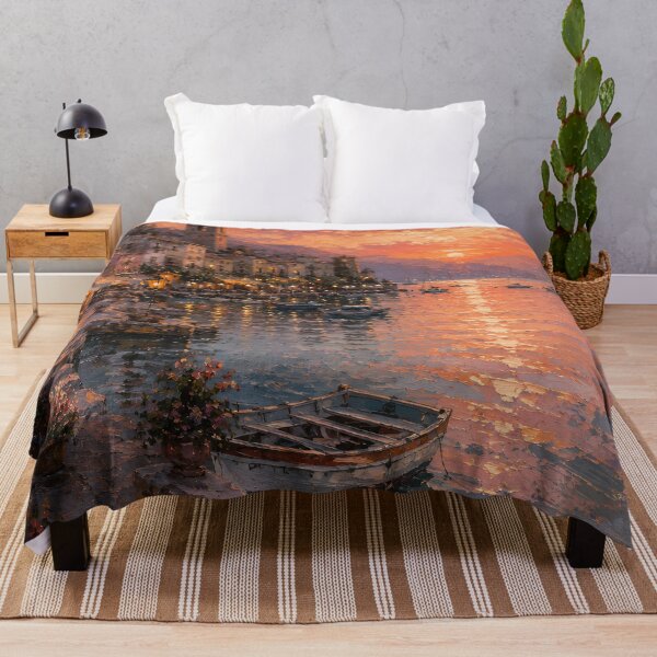 Item preview, Italian Harbor Sunset Oil Painting Warm Dusk Glow designed and sold by Jozefin's Studio.