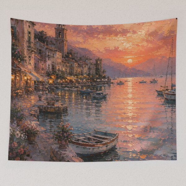 Item preview, Italian Harbor Sunset Oil Painting Warm Dusk Glow designed and sold by Jozefin's Studio.