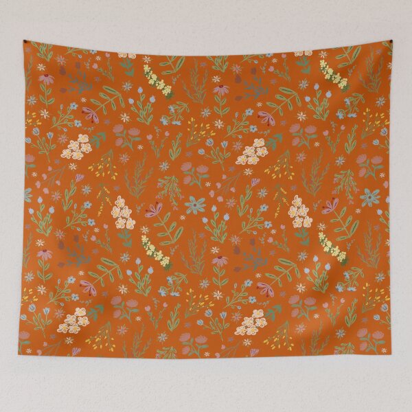 Item preview, Hand Drawn Cottage Garden Flowers on Dark Orange designed and sold by KSimpson838.