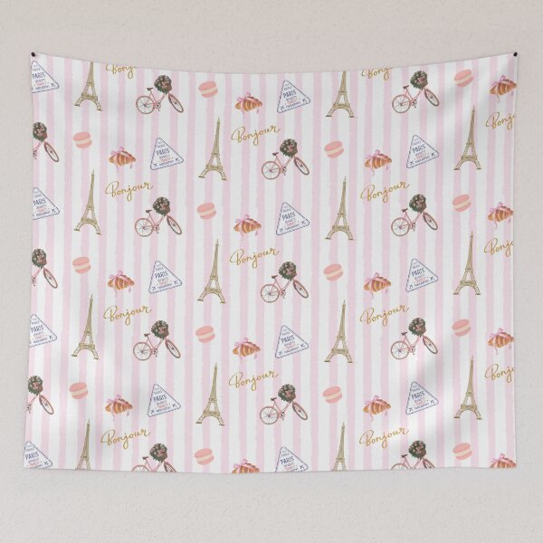 Item preview, PARIS BONJOUR EIFFEL TOWER BICYCLE CROISSANT PINK STRIPES designed and sold by HoneyBlizz.