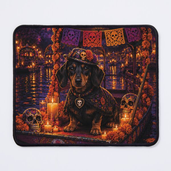 Item preview, Dachshund sailing on an illuminated trajinera in Xochimilco on the Night of the Dead designed and sold by Nomad-Paws.