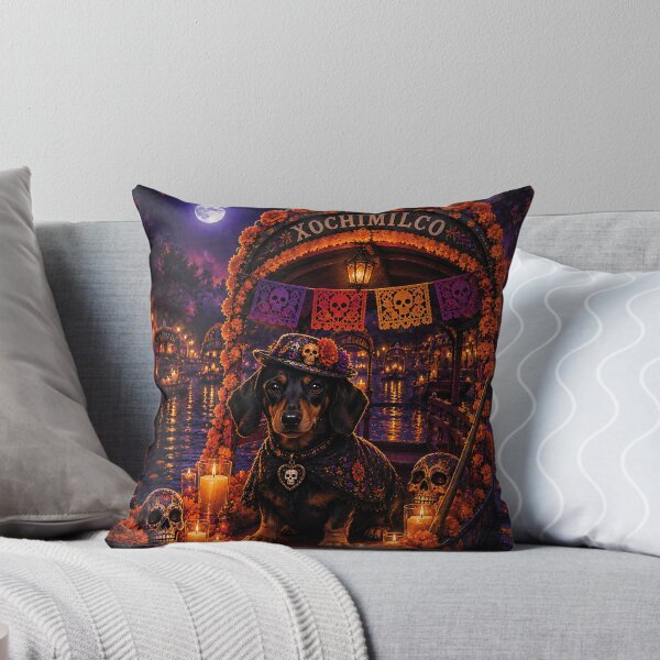Item preview, Dachshund sailing on an illuminated trajinera in Xochimilco on the Night of the Dead designed and sold by Nomad-Paws.