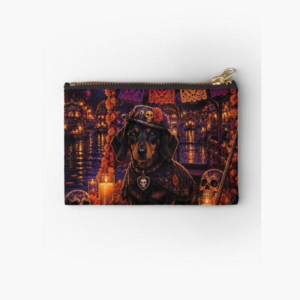 Item preview, Dachshund sailing on an illuminated trajinera in Xochimilco on the Night of the Dead designed and sold by Nomad-Paws.