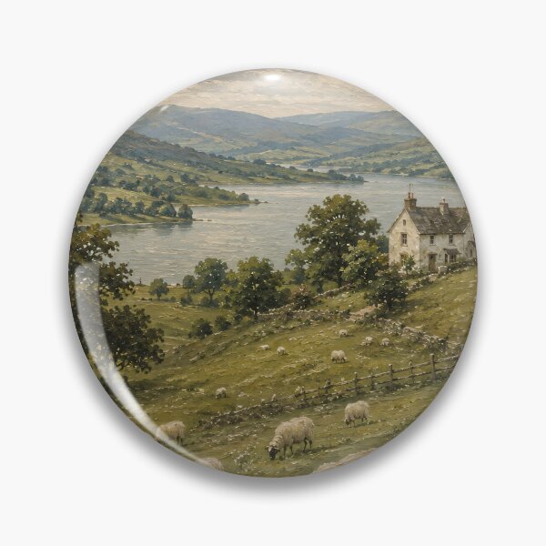 Item preview, Pastoral Oil Painting Sheep Grazing Rolling Hills Lake designed and sold by Jozefin's Studio.