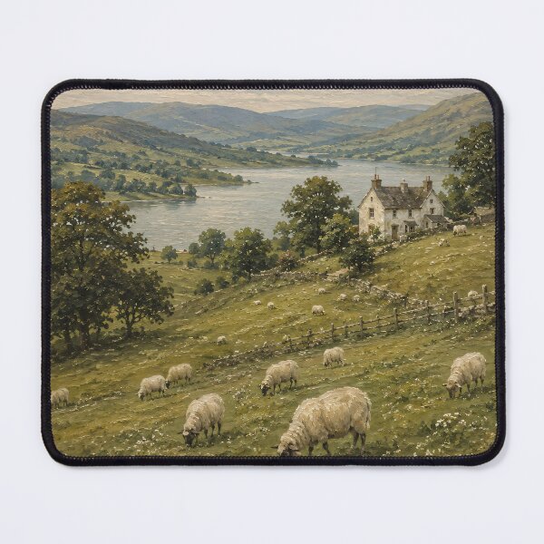 Item preview, Pastoral Oil Painting Sheep Grazing Rolling Hills Lake designed and sold by Jozefin's Studio.