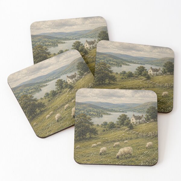 Item preview, Pastoral Oil Painting Sheep Grazing Rolling Hills Lake designed and sold by Jozefin's Studio.