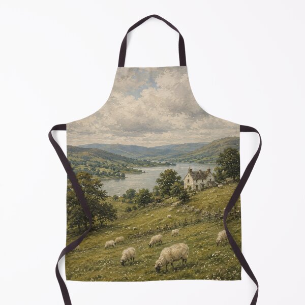 Item preview, Pastoral Oil Painting Sheep Grazing Rolling Hills Lake designed and sold by Jozefin's Studio.