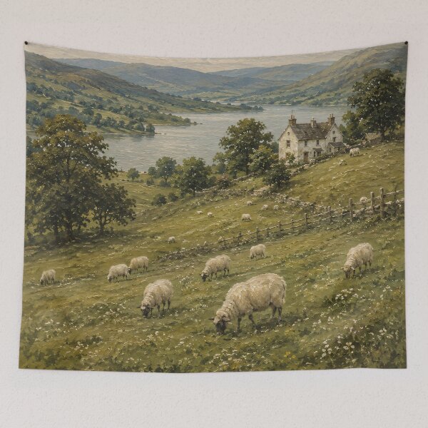 Item preview, Pastoral Oil Painting Sheep Grazing Rolling Hills Lake designed and sold by Jozefin's Studio.