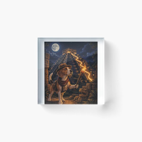 Item preview, Beagle disguised as an explorer in Chichen Itza illuminated under the full moon designed and sold by Nomad-Paws.
