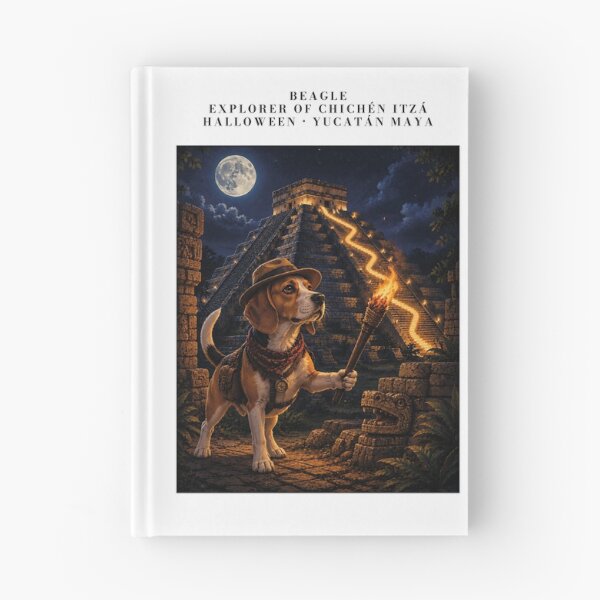 Item preview, Beagle disguised as an explorer in Chichen Itza illuminated under the full moon designed and sold by Nomad-Paws.