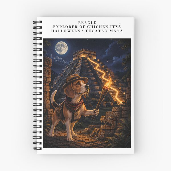 Item preview, Beagle disguised as an explorer in Chichen Itza illuminated under the full moon designed and sold by Nomad-Paws.