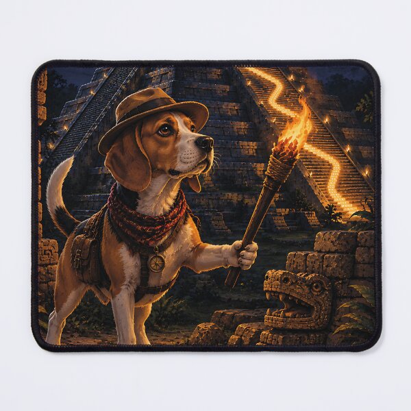 Item preview, Beagle disguised as an explorer in Chichen Itza illuminated under the full moon designed and sold by Nomad-Paws.