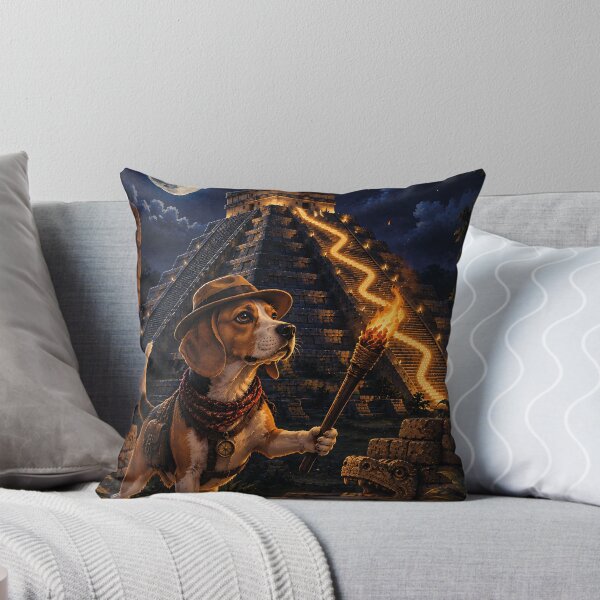 Item preview, Beagle disguised as an explorer in Chichen Itza illuminated under the full moon designed and sold by Nomad-Paws.