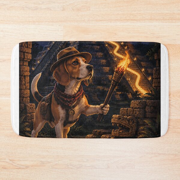 Item preview, Beagle disguised as an explorer in Chichen Itza illuminated under the full moon designed and sold by Nomad-Paws.