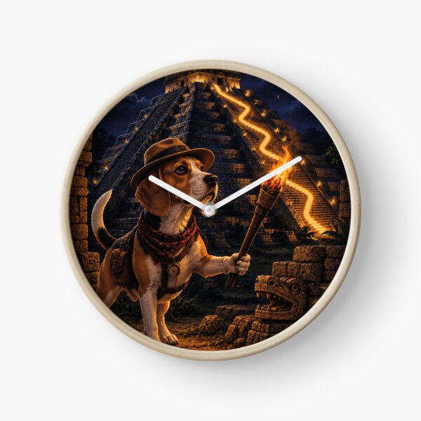 Item preview, Beagle disguised as an explorer in Chichen Itza illuminated under the full moon designed and sold by Nomad-Paws.