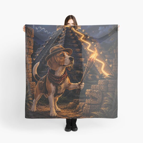 Item preview, Beagle disguised as an explorer in Chichen Itza illuminated under the full moon designed and sold by Nomad-Paws.