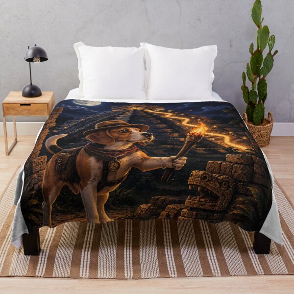 Item preview, Beagle disguised as an explorer in Chichen Itza illuminated under the full moon designed and sold by Nomad-Paws.