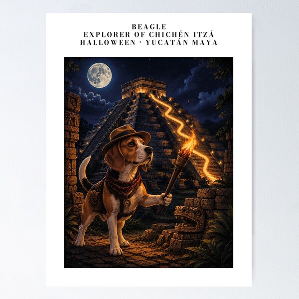 Artikelvorschau, Beagle, als Entdecker verkleidet, in Chichen Itza, erleuchtet vom Vollmond entworfen und verkauft von Nomad-Paws.