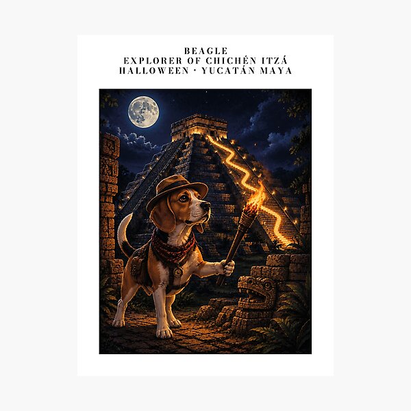 Item preview, Beagle disguised as an explorer in Chichen Itza illuminated under the full moon designed and sold by Nomad-Paws.