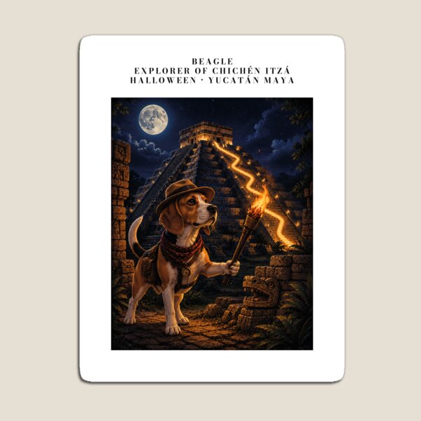 Item preview, Beagle disguised as an explorer in Chichen Itza illuminated under the full moon designed and sold by Nomad-Paws.