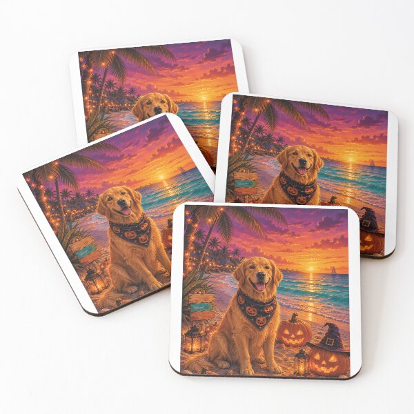 Item preview, Golden Retriever on the beach in Cancun with pumpkins at Halloween sunset designed and sold by Nomad-Paws.