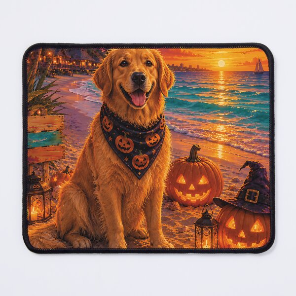 Item preview, Golden Retriever on the beach in Cancun with pumpkins at Halloween sunset designed and sold by Nomad-Paws.
