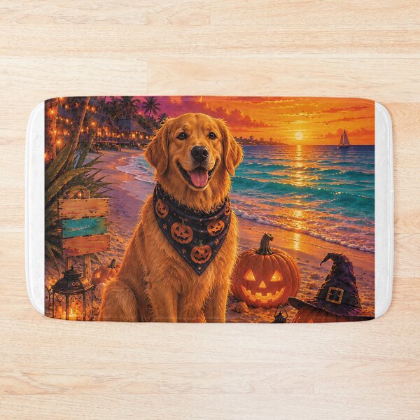 Item preview, Golden Retriever on the beach in Cancun with pumpkins at Halloween sunset designed and sold by Nomad-Paws.