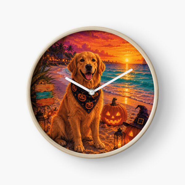 Item preview, Golden Retriever on the beach in Cancun with pumpkins at Halloween sunset designed and sold by Nomad-Paws.