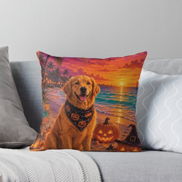 Item preview, Golden Retriever on the beach in Cancun with pumpkins at Halloween sunset designed and sold by Nomad-Paws.