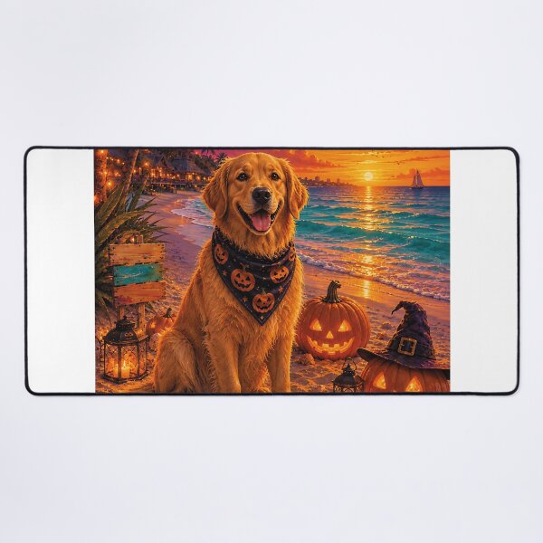 Item preview, Golden Retriever on the beach in Cancun with pumpkins at Halloween sunset designed and sold by Nomad-Paws.