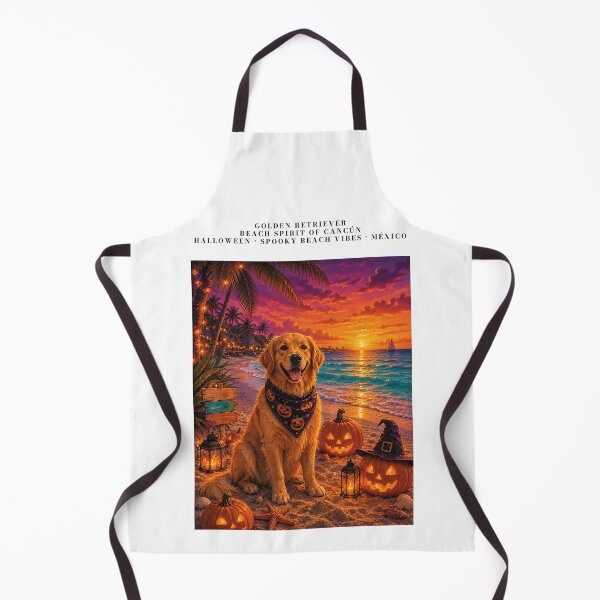 Item preview, Golden Retriever on the beach in Cancun with pumpkins at Halloween sunset designed and sold by Nomad-Paws.