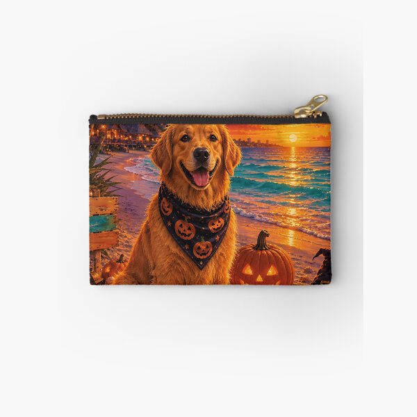 Item preview, Golden Retriever on the beach in Cancun with pumpkins at Halloween sunset designed and sold by Nomad-Paws.