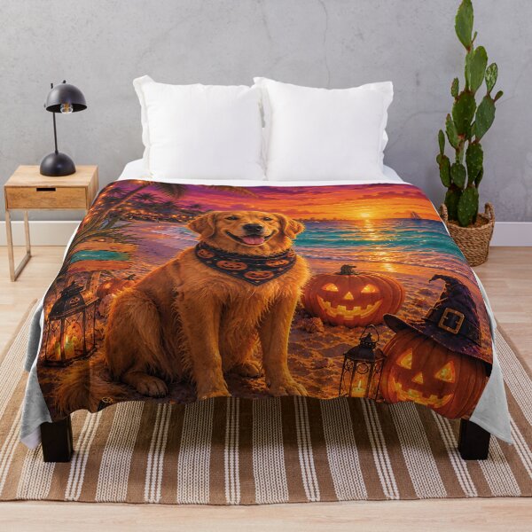 Item preview, Golden Retriever on the beach in Cancun with pumpkins at Halloween sunset designed and sold by Nomad-Paws.