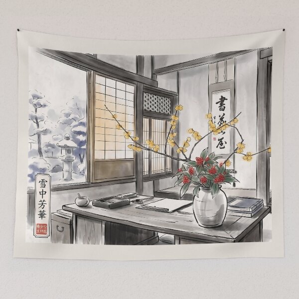 Item preview, Sumi-e Wintersweet Senryo Ikebana Art designed and sold by conohitoAI-ArtGallery.