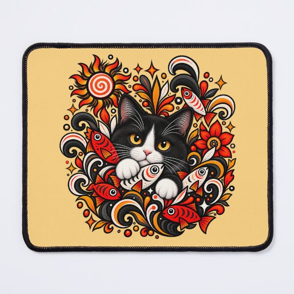 Item preview, Tuxedo Cat Floral Decor - Fish & Swirls designed and sold by PixelsPaws.
