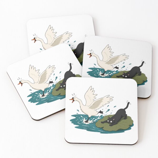 Item preview, Mischievous Black Cat Teasing a Swan by the Lake designed and sold by LazyPaw Design.