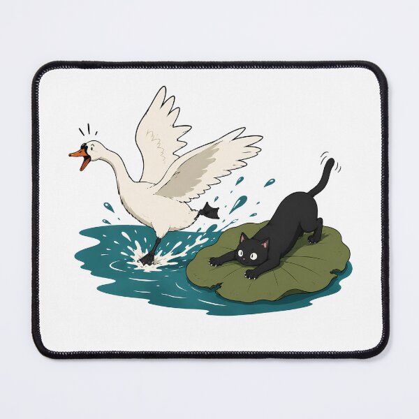 Item preview, Mischievous Black Cat Teasing a Swan by the Lake designed and sold by LazyPaw Design.