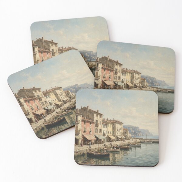 Item preview, Vintage Italian Harbor Oil Painting - Mediterranean Coastal Wall Art designed and sold by Denim Art Studio.