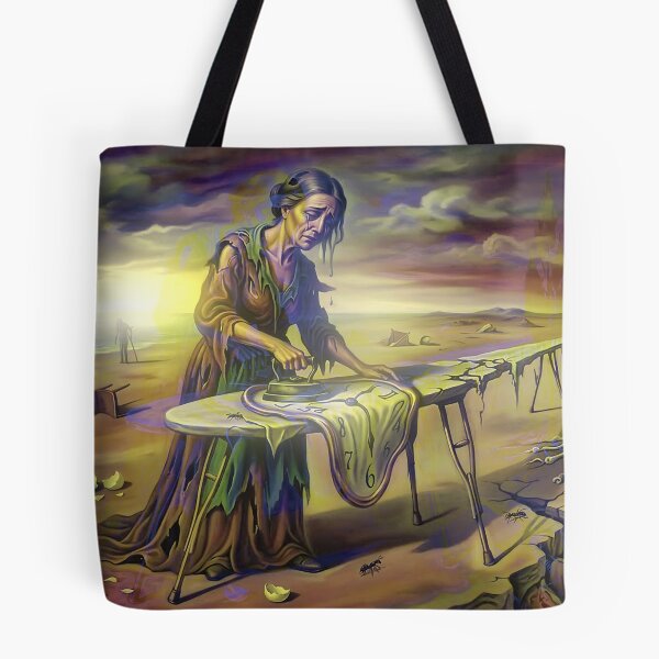 Item preview, Surrealist Ironing Woman Canvas Print | Melancholy Melting Clock Wall Art | Dreamlike Surreal Landscape Poster | Symbolic Fine Art Print designed and sold by SergioMiklos.
