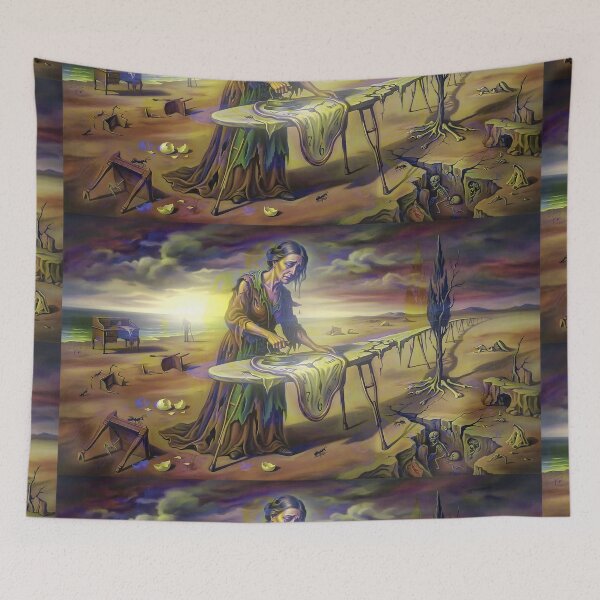 Item preview, Surrealist Ironing Woman Canvas Print | Melancholy Melting Clock Wall Art | Dreamlike Surreal Landscape Poster | Symbolic Fine Art Print designed and sold by SergioMiklos.