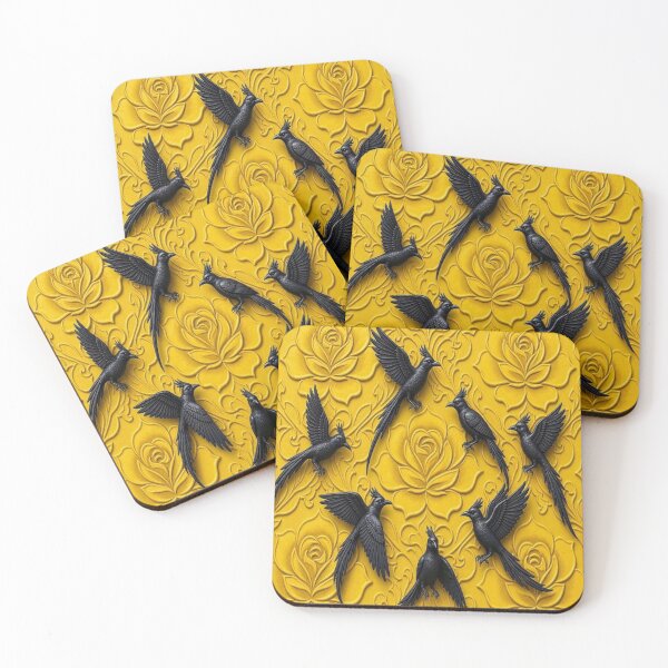 Item preview, 3D Carved Yellow Stone Floral with Jet Black Ravens Seamless Pattern designed and sold by Breezes-of-Ida.