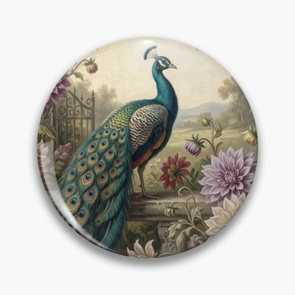 Item preview, Elegant Peacock in Vintage Dahlia Garden Oil Painting designed and sold by Denim Art Studio.